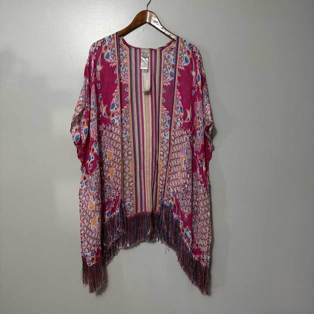 NWT Chicos Colorful Pink Linen Blend Boho Fringe Kimono XL Beach Coverup Resort